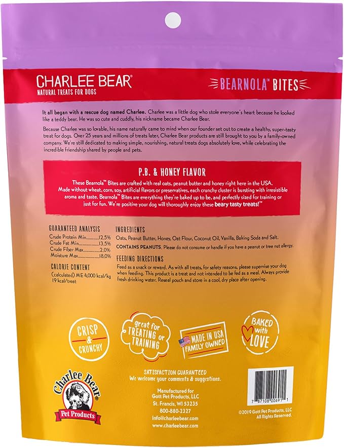 Charlee Bear Bearnola Bites Dog Treats, P.B. & Honey Flavor, 8oz (Pack of 2)