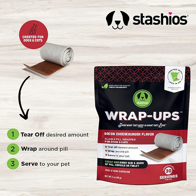 Stashios: Wrap-Ups: Pill Wrapper - Bacon Cheeseburger - 30 Servings Bag, Dogs & Cats, Treat Hides Any Size Pills, All Natural Limited Ingredients, USA (Pack of 2)