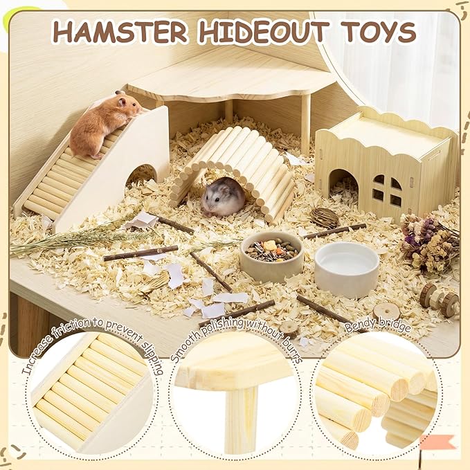 BreezeHug 4 Pcs Hamster Platform Hideout Wooden Tunnel Ladder Playhouse Hamster Game Climbing Toy with Platform Cage Accessories for Small Pets Dwarf Syrian Mice Degus Gerbils Squirrel(Wave)
