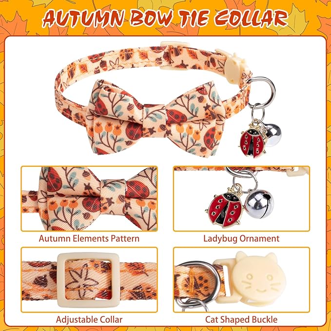 EXPAWLORER Fall Cat Collar Breakaway with Removable Bowtie and Bandana, Adjustable Holiday Cute Kitten Thanksgiving Collar with Bell, Ideal Festival Decoration Gift for Girl Boy Cats Puppies, 2 Pack