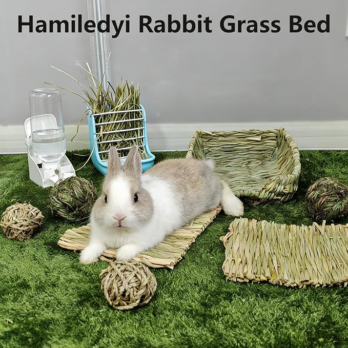 Hamiledyi Rabbit Grass Bed Natural Handmade Hay Mat Chew Balls for Rabbit Gerbil Chinchilla Guinea Pig Ferret Other Small Animals