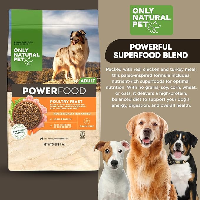 Only Natural Pet Dry Dog Food Canine PowerFood Formula - Paleo Inspired Formula with No Grain, Soy, Corn, Wheat or Oats – Poultry Feast 20 lb Bag