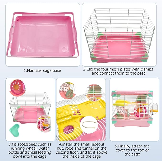 Hamiledyi Portable Hamster Cage 2 Layers Dwarf Hamster Habitat Small Animal Travel Cage with Exercise Wheel Hamster Enclosure Mouse Cage for Hamsters Mice Gerbils or Other Tiny Pets