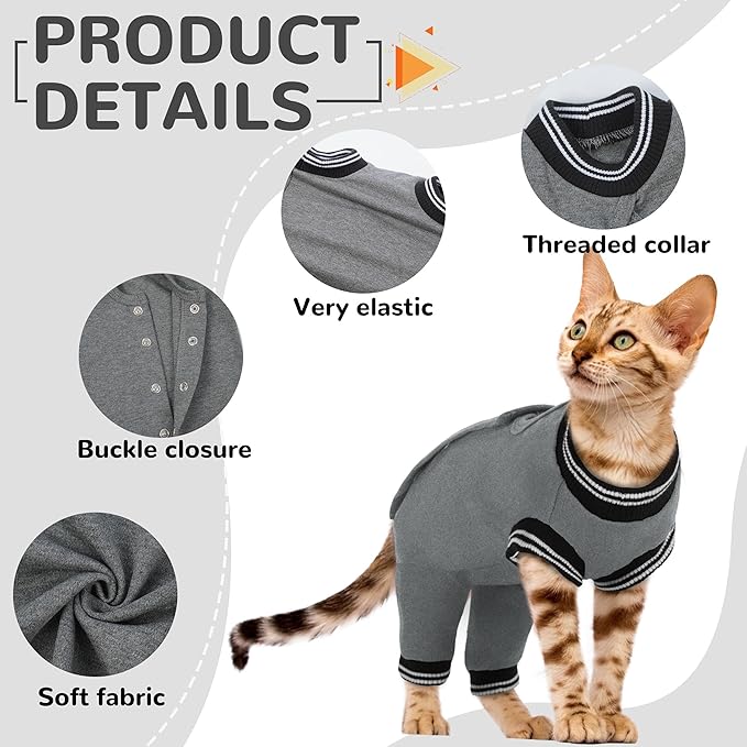 PUMYPOREITY Cat Recovery Suit for Hind Legs, Cat Surgical Spay Suit with Leg Sleeves to Stop Licking, Long Rear Sleeve Wound Cover Abdomen Kitten Onesie, Grey, XL
