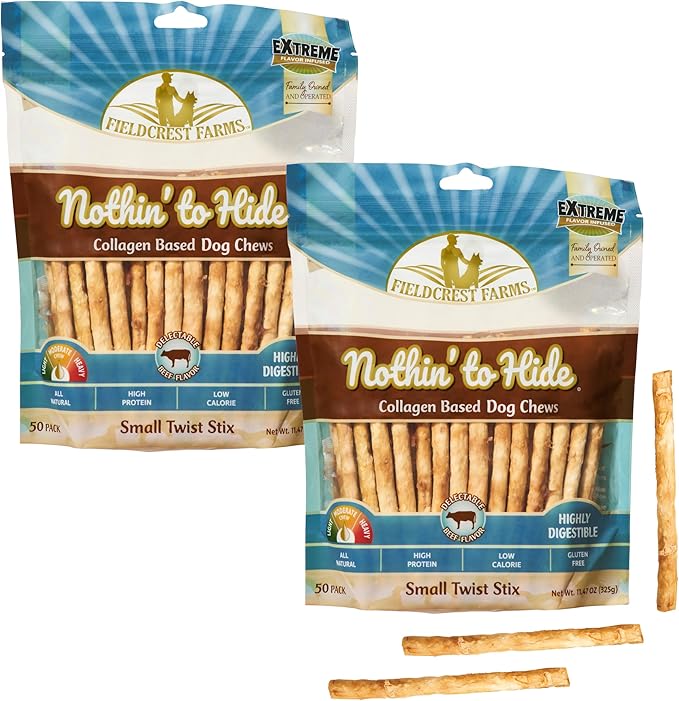 Fieldcrest Farms Nothin' to Hide Twist Stix, Beef Flavor – Easily Digestible Dog Chews, Supports Skin, Coat, Joints & Muscles, for Moderate Chewers Under 15 lbs, 100 Total Pieces