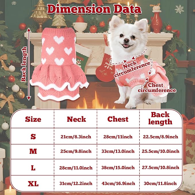 Dog Sweaters Heart Knitted Sweaters Dress Winter Coat Puppy Warm Holiday Clothes for Small Dogs Cats Christmas New Year Valentine's Day （Small, Pink）