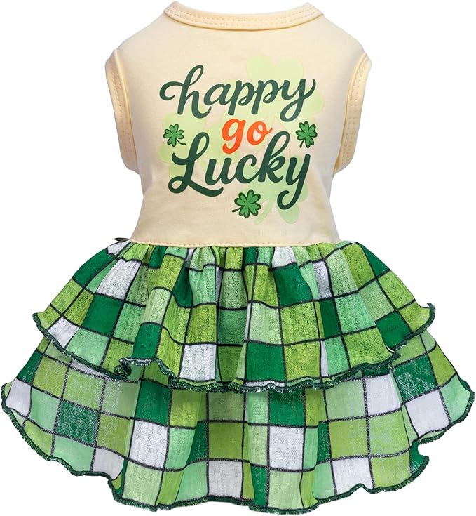 Fitwarm Happy Go Lucky Dog Dress, St Patricks Day Dog Clothes for Small Dogs Girl, Funny Pet Outfit, Green, Light Yellow, XS