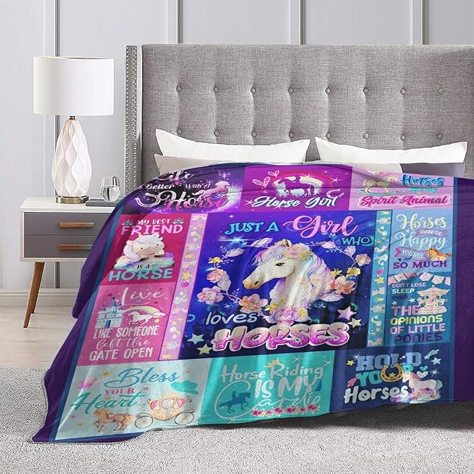 SweetFox Just A Girl Who Loves Horses Blanket, Horse Decor Throw Blanket Gifts for Girls Boys Lovers Super Warm Soft Plush Fleece Flannel Winter Bedding Blankets for Kids Adults Men Women 60"X50"