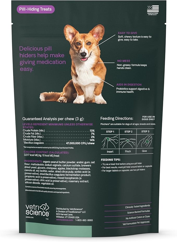 VetriScience Pinchers Pill Hiders Chews, Non-Greasy with Probiotics for Dogs, Disguise Small Capsules and Tablets, Soft and Chewy, Gut and Immune Support, Peanut Butter, 45 Count