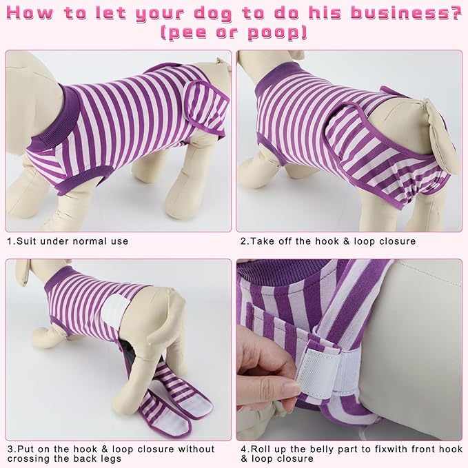 2 Packs Breathable Cotton Dog Recovery Suit for After Neuter Spay Abdominal Wounds Protector, Professional Anti-Licking Onesies for Male Female Pets Surgery Bandages, M Purple & Pink Stripes