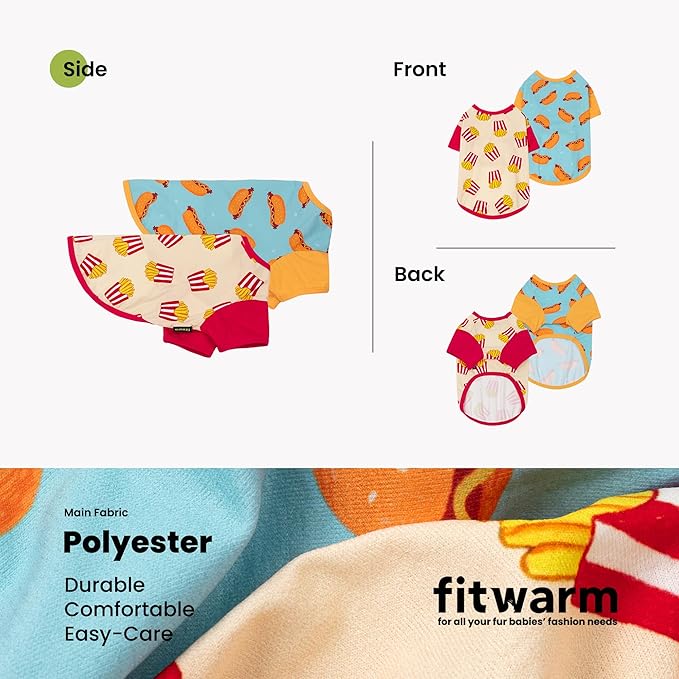 Fitwarm 2 Pack Hot Dogs & French Fries Dog Shirt, Funny Summer Clothes for Small Dogs Boy Girl, Cozy Pet Outfit, Beige, Blue, Large