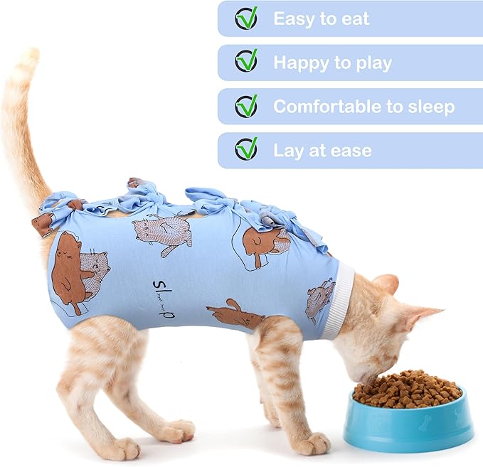 PUMYPOREITY Cat Recovery Suit After Surgery, Onesie for Female Cats, Kitten Surgical Wear for Neutered/Abdominal Wound/Skin Damage/Weaning, Large, Blue