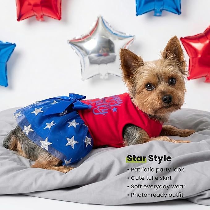 Fitwarm Happy 4th of July Dog Tulle Dress, Patriotic Dog Clothes for Small Dogs Girl, Red and White Star Pet Outfit, Red, Royal Blue, Small