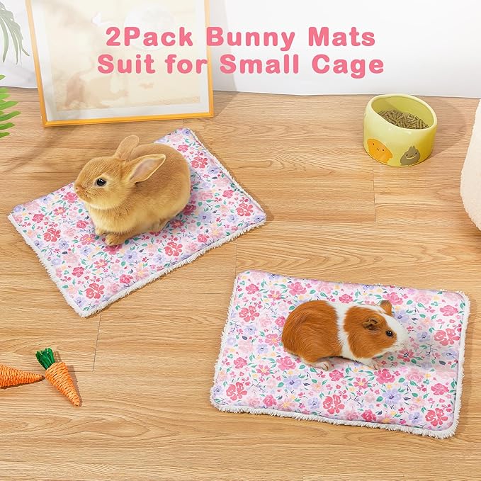 Glittme 2Pcs Bunny Bed Rabbit Bed for Indoor Cage Soft Guinea Pig Bed Fleece Mat Pad Warm Small Animal Bedding Accessories for Hamster Ferret Washable Non-Slip Rabbit Hide House Liner