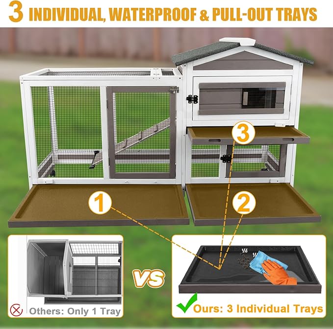 Rabbit Hutch Indoor and Outdoor 2-Story Rabbit Cage with Pull Out Tray,Fir Wood Pet House with Wooden Ramp,Waterproof Bunny Cage Indoor with 2 Asphalt Roofs,Grey (55.3" L x 21.5" W x 34.5" H)