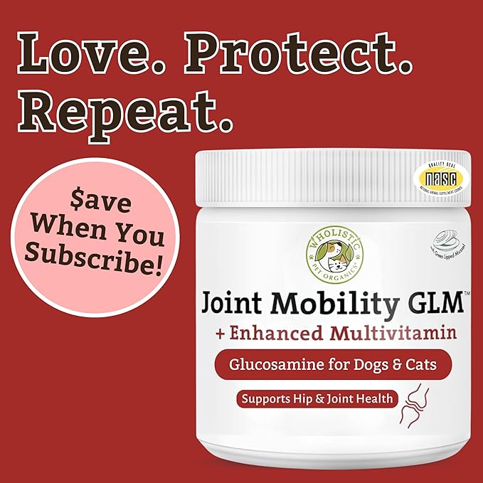 Wholistic Pet Organics - Hip and Joint Supplement for Dogs & Cats - Cat & Dog Joint Supplement - Green Lipped Mussels, Glucosamine, Chondroitin for Dogs & Cat Mobility Support - 1 Lb - 45 Scoops