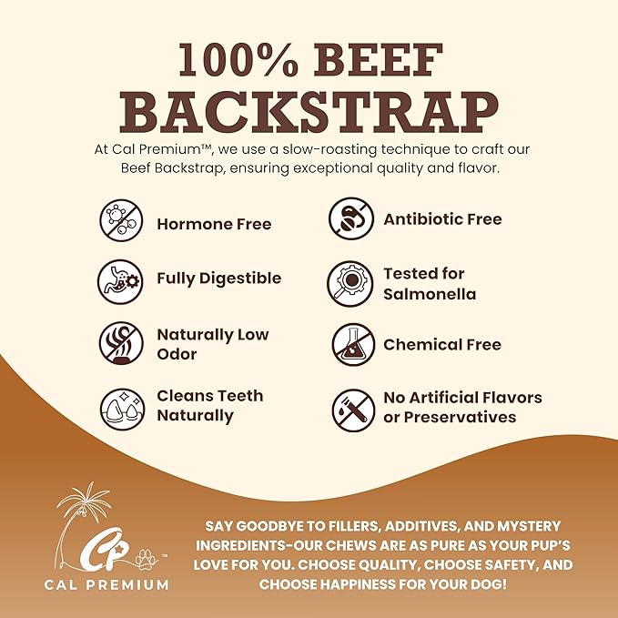 Natural Beef Backstrap Chews for Dogs, 9-11 inch, 100% USA Sourced & Made, Single Ingredient, High Protein, Healthy Long Lasting Chews - 7 oz.