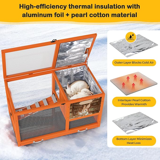 COZIWOW 36.5-Inch Double-Decker Wooden Insulated Rabbit Hutch with Wheels, Heated Rabbit Cage Featuring A Cleaning Tray and Ladder—Stylish&Easy to Assemble（Orange and Warm）