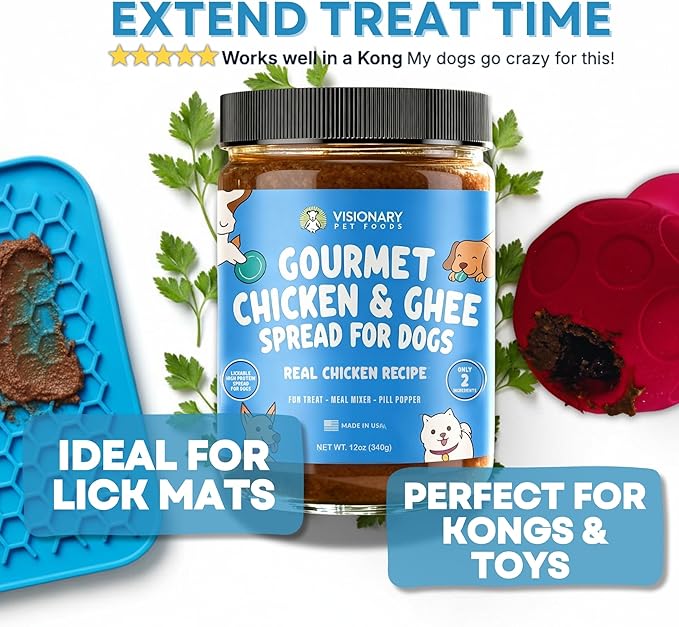 Visionary Pet Foods Chicken Meat Spread - Healthy Dog Treat - Alternative to Dog Peanut Butter, Xylitol Free, No Sugar and Filler Free - Use on Lick Mat, Food Mixer, Pill Pockets - 12oz Jar
