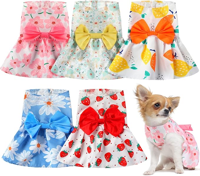 Saintrygo 5 Pieces Floral Dog Dress Cute Dog Skirt Pet Dresses Pet Clothes Dresses Cat Princess Bowknot Clothes Puppy Outfits for Yorkie Puppy Cat, 5 Styles(Cute Style,Medium)