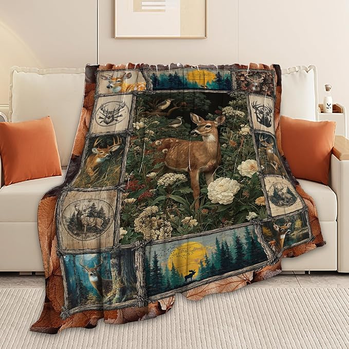 Deer Throw Blanket Hunting Deer Elk Stuff Gifts for Kids Girls Boys Adults Women Men Soft Cozy Warm Plush Fluffy Fuzzy Fleece Blanket Decor 60''X80''