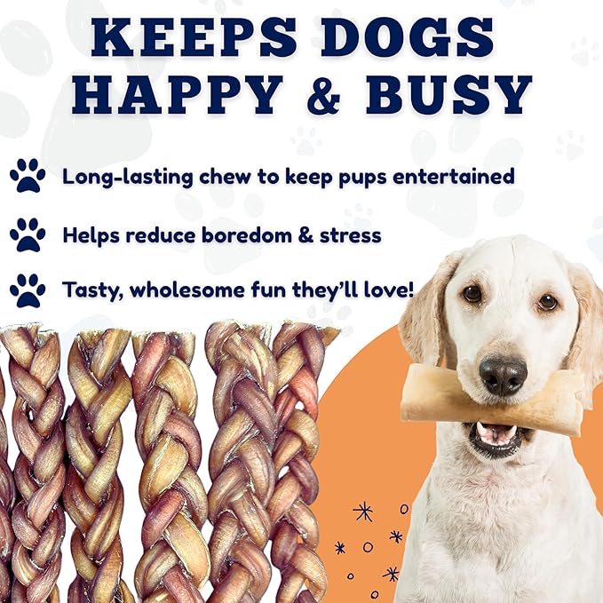 Amazing Dog Treats 12" Braided Bully Stick (5 Pcs/Pack) Bully Stick for Dogs - Made from Premium Grass Fed Beef