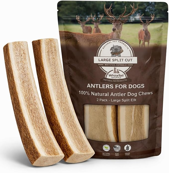 WhiteTail Naturals Split Elk Antlers for Large Dogs (2 Pack- Large) - Naturally Shed, Long Lasting Dog Antlers - Tough Chew Bones for Aggressive Chewers