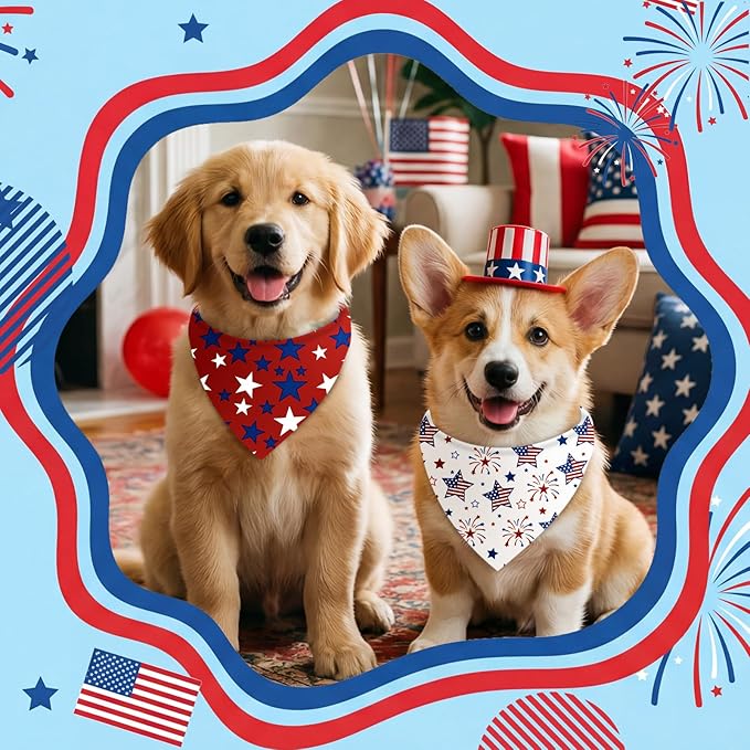 Weewooday 50 Pcs Patriotic Dog Bandanas Bulk Memorial Day Bandanas for Dogs Triangle Scarf Set for 4th of July 1776 Red White and Blue for Small Medium Large Outfit(Star, 25.6 x 17.7 x 17.7 Inch)