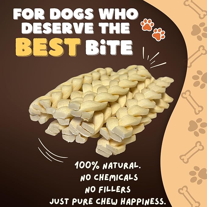 Woofley's 6" Buffalo Beef Cheek Braids Regular - (50 Count)- Beef Cheek Dog Chews - No Hide Bones for Dogs