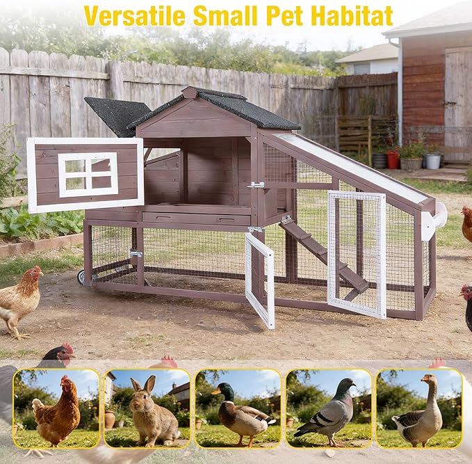 Aivituvin Chicken Coop with Run and Wheels, Mobile Outdoor Hen House Wooden Poultry Cage with Waterproof Roof (Brown, AIR23)
