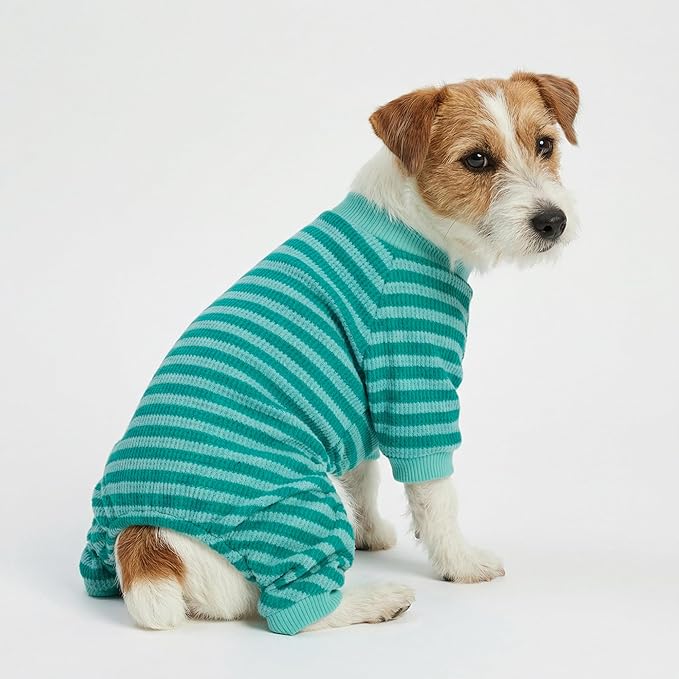 Fitwarm Green and Teal Striped Dog Pajamas, Waffle Dog Clothes for Small Dogs Girl Boy, Puppy Onesie with Feet, Pet Cat Outfit, Small