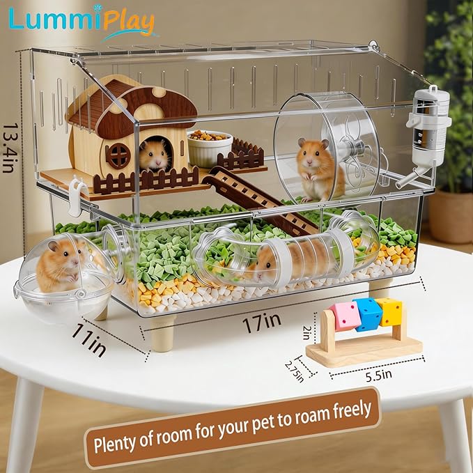 9 in 1 Acrylic Hamster Cage with all accessories and an activity tube,2-layer Hamster House,transparent viewing,top open Mouse Cage for pet mice,Hamster Habitat for Dwarf Hamster,Gerbils;18"x11"x13.4"