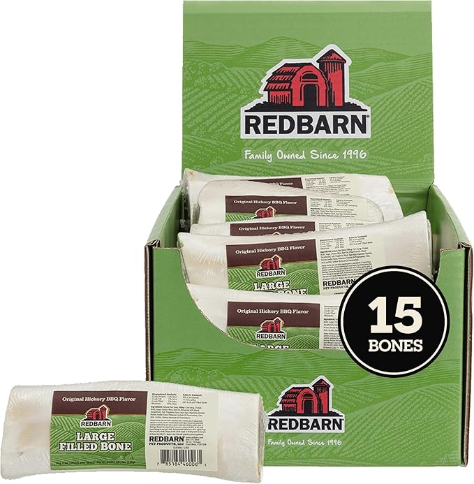 Redbarn Pet Products Large Filled Bones, BBQ Flavor - Long Lasting Stuffed Femur Chew Treat Made in USA - 15 Count