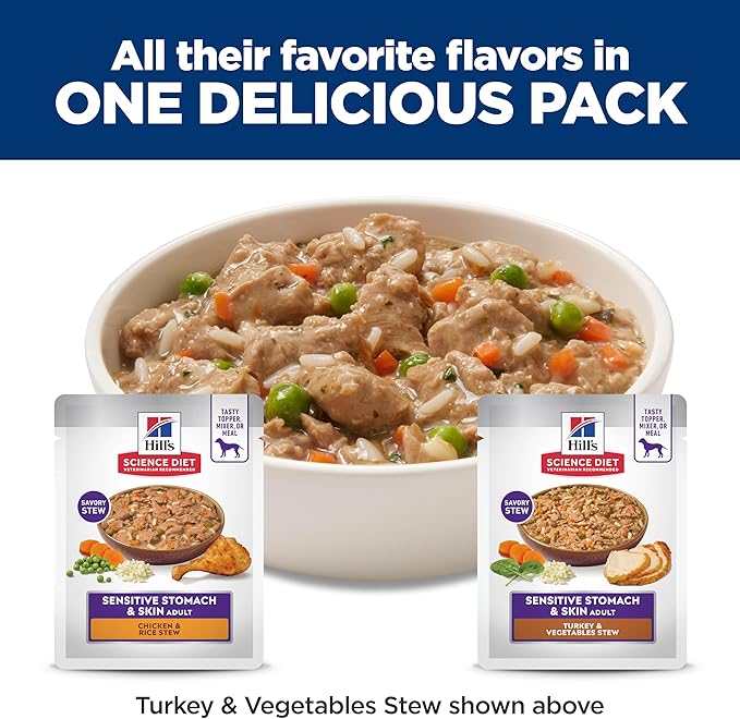 Hill's Science Diet Sensitive Stomach & Skin, Adult 1-6, Stomach & Skin Sensitivity Support, Wet Dog Food, Variety Pack: Chicken, Turkey Stew, 2.8 oz Pouch, Case of 12