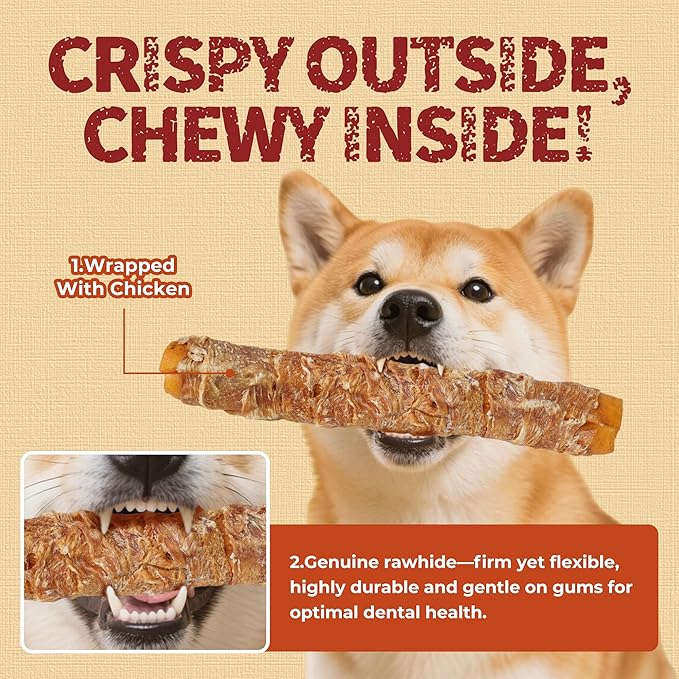 Just Try 10.6" Chicken Wrapped Rawhide Chew Sticks for Dogs - Long Lasting Dog Chews, Healthy Dog Bones Dental Treats for Medium Dogs