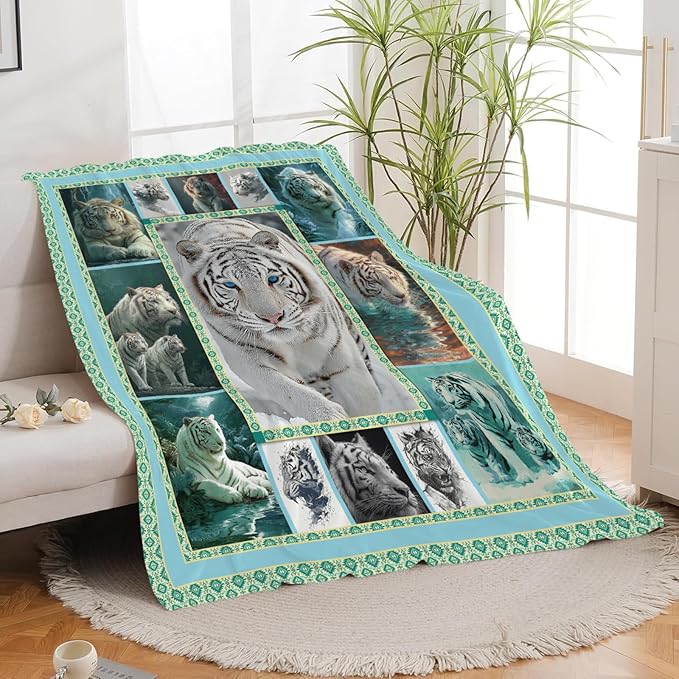 White Tiger Throw Blanket White Tiger Stuff Gifts for Kids Girls Boys Adults Women Men Soft Cozy Warm Plush Fluffy Fuzzy Fleece Blanket Decor 40''X50''