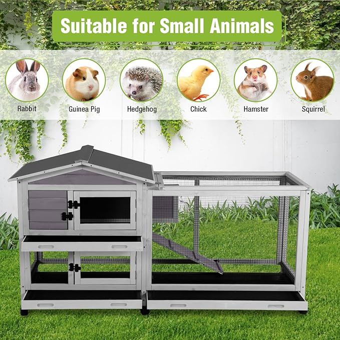 Large Rabbit Hutch Indoor Outdoor, Wooden Rabbit Cage with Wheels, 62'' Mobile Bunny Cage with Chew-Proof Ramp, Pull-Out Tray, Waterproof Roof, Guinea Pig Habitat (Grey)