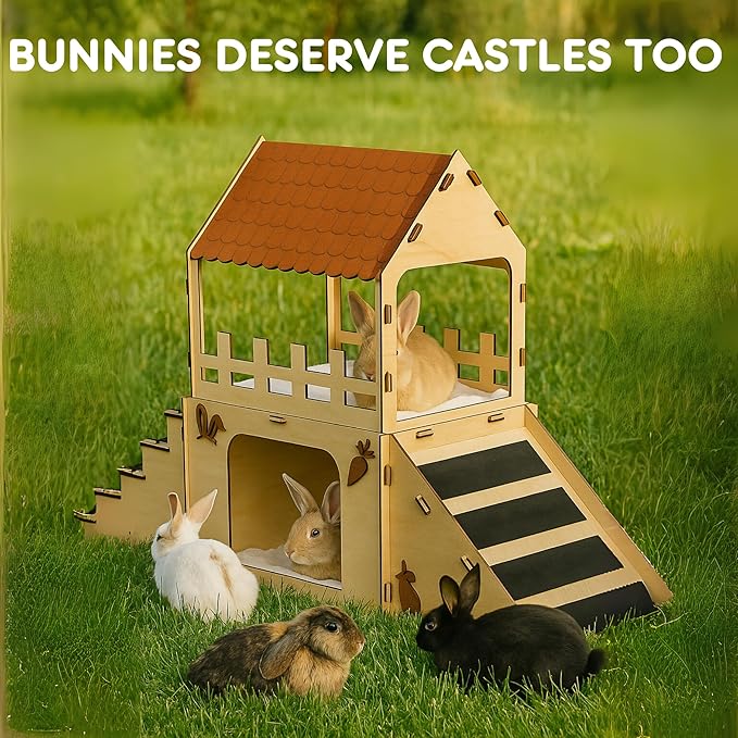 OtterPets Extra Large Bunny Hideout, Cozy Rabbit Castle with Fleece Mats, Wooden Rabbit Hideout, Bunny House Indoor Indoor, Chinchilla, Guinea Pig House