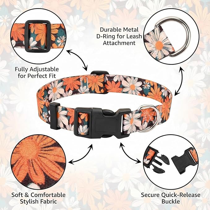 Floral Dog Collar, Adjustable Soft Nylon Pet Collar for Small Medium Large Dogs, Cute Flower Pattern Dog Collar for Girl Boy Dogs(Retro Bloom,M)