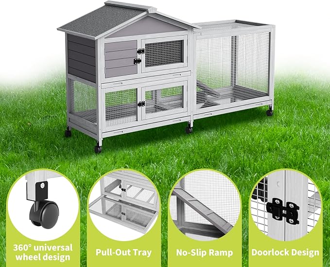 GarveeLife Rabbit Hutch with Weatherproof Asphalt Roof, Bunny Hutch with Wheels & Pull-Out Tray, Rabbit Cage Guinea Pig Cages for Small to Medium Animals, Indoor Outdoor Use, Grey