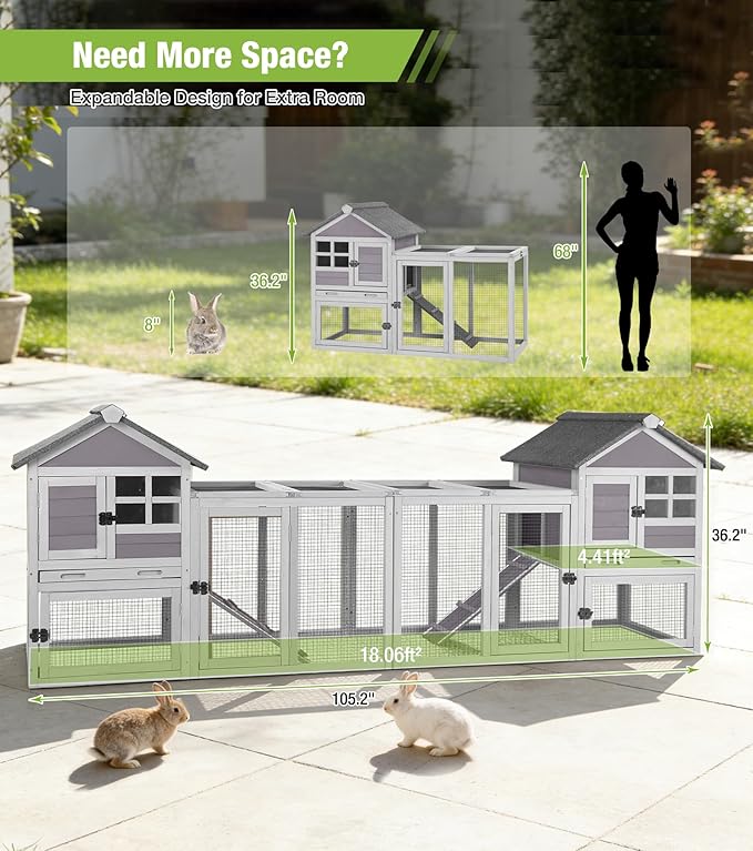 GUTINNEEN Rabbit Hutch Outdoor Rabbit Cage Indoor 51.6" L Waterproof Bunny Cage with Chew-Proof Ramp and Lockable Doors for Indoor Outdoor Use Grey