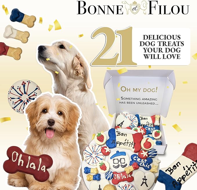 Bonne et Filou French Style Dog Treats, Gourmet Gift Box, 21 Luxury Macarons, Truffles & Bone Cookies, Healthy & Delicious Snacks for Medium to Large Dogs