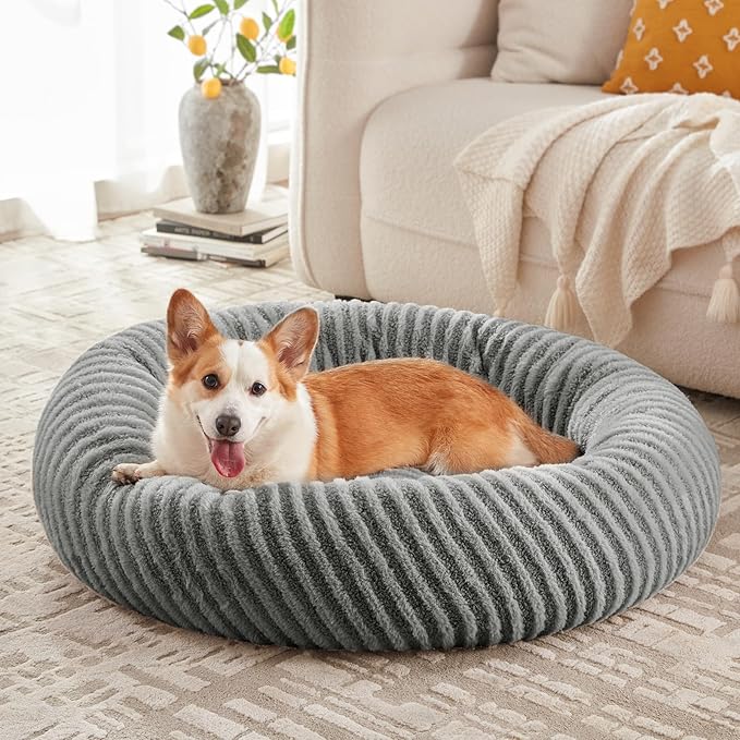 MIXJOY Dog Bed Medium Size Dogs, Washable Medium Dogs Bed with Removable Cover, Cozy Donut Dog Ded Fluffy Plush Faux Fur Pet Bed with Anti-Slip Bottom, 30"x30"x8", Grey