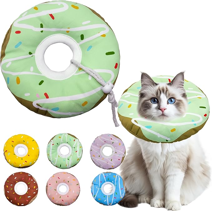 Seyezo Cat Cone Collar Soft, Adjustable Cat Recovery Collar Kitten Cones to Stop Licking, Cute Donut E Collar After Surgery, Cats Neck Pillow Cone Elizabethan Cones of Shame (Waterproof Green, Large)