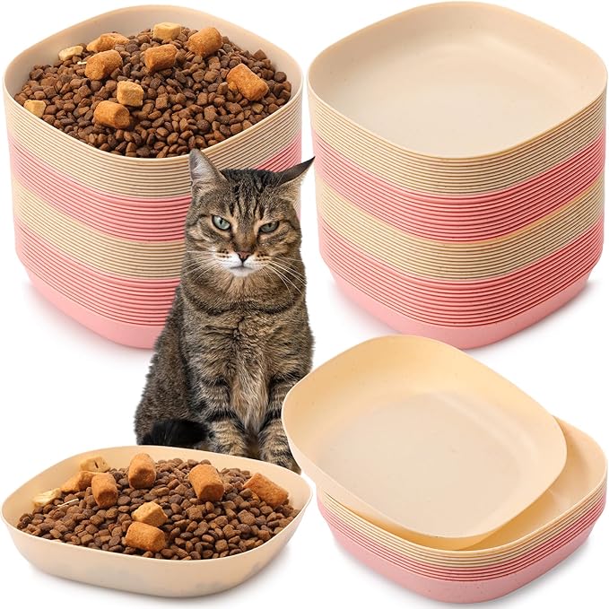 Tioncy 24 Pcs Fatigue Relief Cat Bowl 5.7 Inch Shallow Cat Food Dish Wide and Small Pet Wet Feeding Bowl for Kitten Short Legged Kitten Ferrets Feral Small Animals(Pink, Beige,Classic)