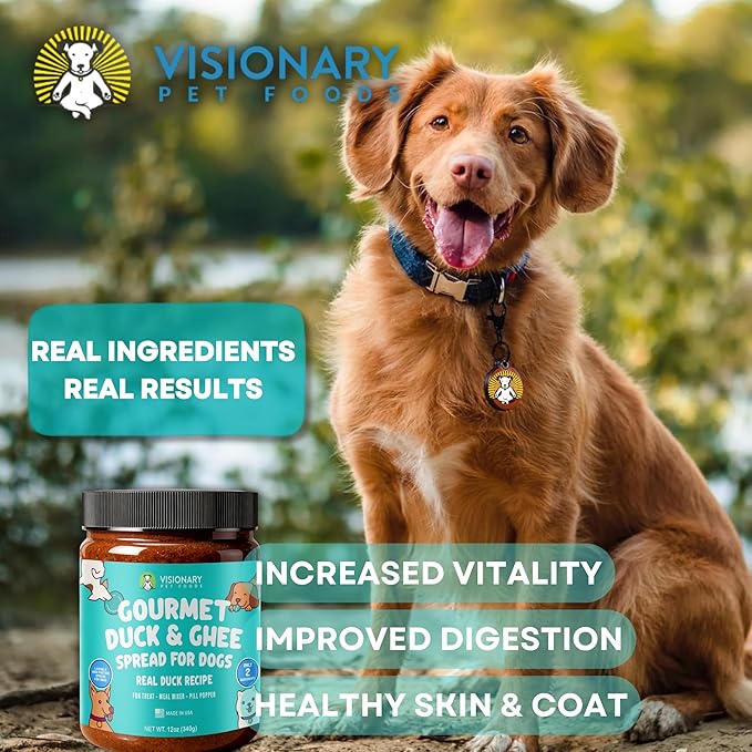 Visionary Pet Foods Duck Meat Spread - Healthy Dog Treat - Alternative to Dog Peanut Butter, Xylitol Free, No Sugar and Filler Free - Use on Lick Mat, Food Mixer, Pill Pockets - 12oz Jar