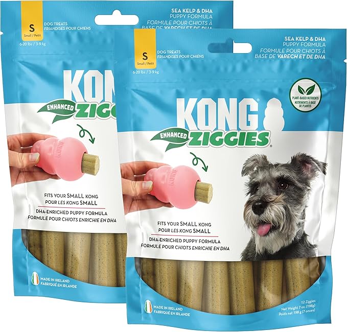 KONG Puppy Ziggies Enhanced - Teeth Cleaning Dog Treats for Puppies, Long-Lasting Chews, Works Classic Rubber Toys ((2 Pack) Small)