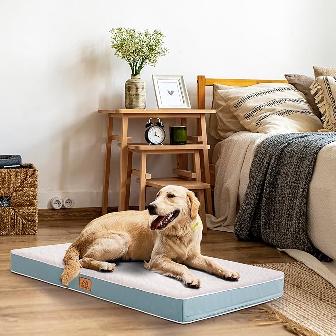 Orthopedic Dog Bed for Large Dogs and Extra Large Dogs, XL Waterproof Dog Bed with Removable Washable Cover & Anti-Slip Bottom, Crate Bed, Deluxe Plush Pet Bed Mat, L-Plus(36"X27"X3"), Blue