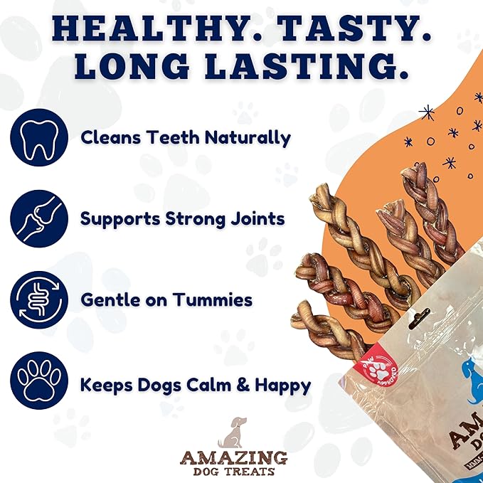 Amazing Dog Treats 6" Braided Bully Stick (5 Pcs/Pack) Bully Stick for Dogs - Made from Premium Grass Fed Beef