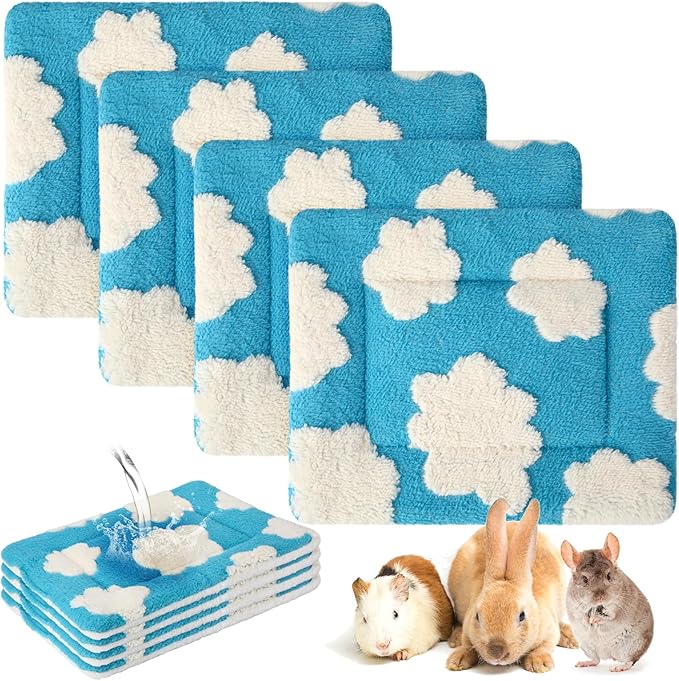 Haull 4 Pcs Waterproof Guinea Pig Bedding Guinea Pig Bed Plush Cage Liners Soft Rabbit Dog Crate Pad Cat Mat Reversible Cozy Animal Pee Pad Hamster Bunny Mat Accessory(White Cloud,13 x 10 Inch)